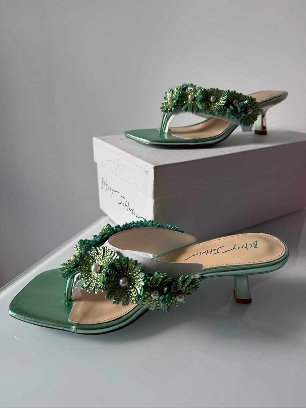 Betsey Johnson Green Floral Beaded Kitten Heel Sandals